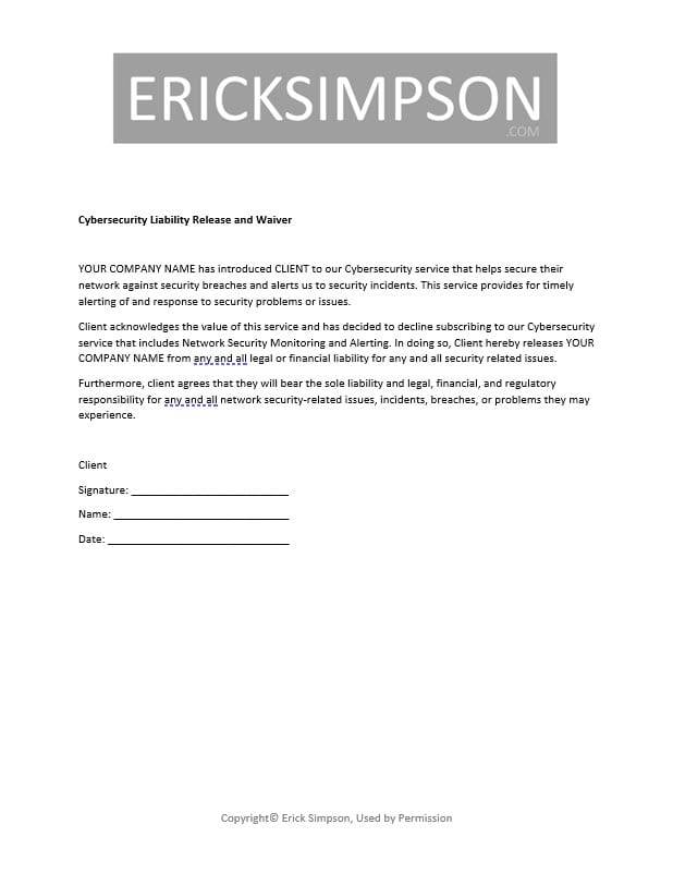 Erick Simpson's Cybersecurity Liability Release and Waiver
